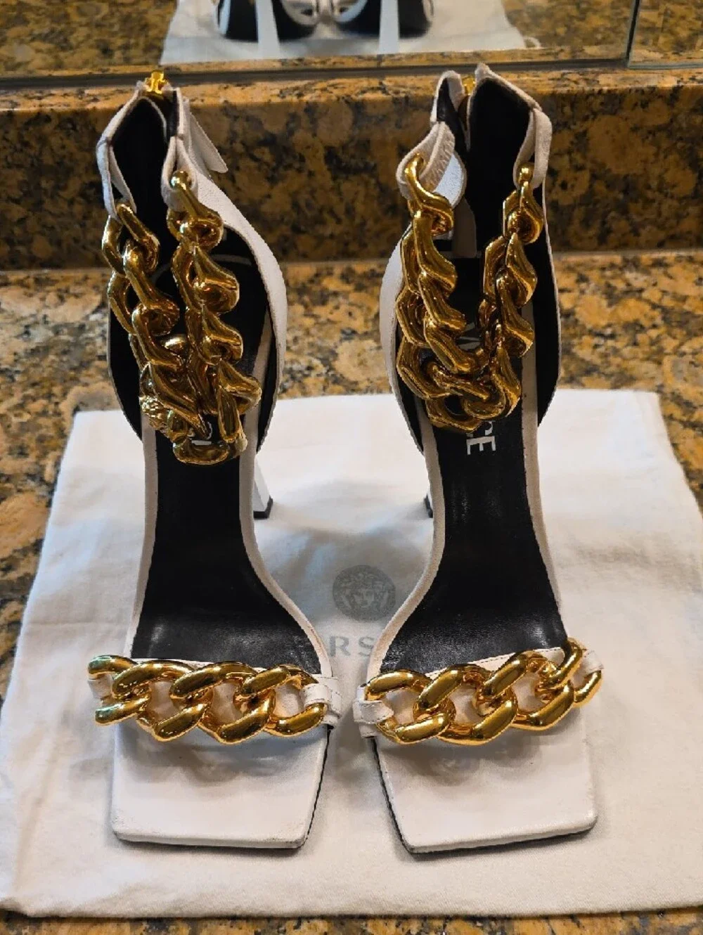 Versace White Heeled Sandals with Gold Chain Accents - Picture 3 of 12